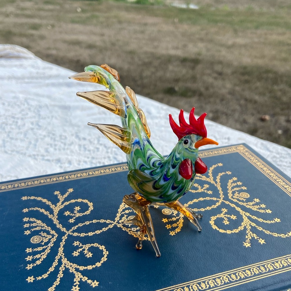 Vintage 1990s Art Glass Crowing Rooster Figurine - Hand Blown Unique Collectible